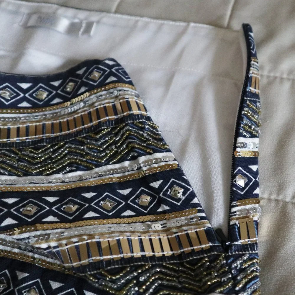 Navy, White, and Gold Sequined and Beaded Striped Mini Skirt - Picture 7 of 10